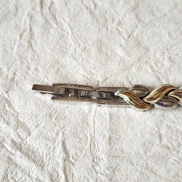 Tennis Link Bracelet Silver Gold Two Tone Hearts Mid Century Modernist 7" Gift - Picture 8 of 9